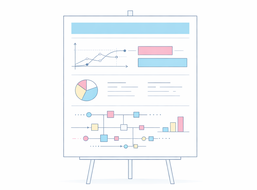 Illustration of a poster on an easel showing charts and a flow diagram